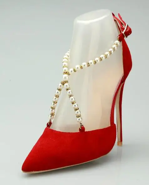 

Red shoes in Summer Sexy Pointed toe String Pearl beaded Cross Tied Ankle Strap Woman Shoes with Super High Heel Shoes