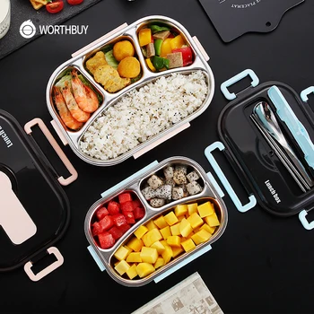 

WORTHBUY Japanese Bento Box With Compartments 304 Stainless Steel Lunch Box For Kids Microwave Food Container With Tableware Set