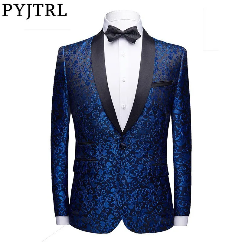 Offerte Gli Uomini di Moda Jacquard Floreale del Vestito della Giacca Sportiva Signore PYJTRL Shwal Risvolto Slim Fit Partito di Promenade di Cerimonia Nuziale del Rivestimento del Vestito Costume Maschile Homme