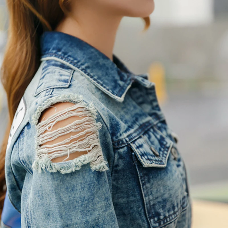 RUGOD 2018 Vintage Funny Print Jean Jacket Women Ripped Hole Long Sleeve Bomber Jackets Casual Spring Autumn Short Denim Jacket