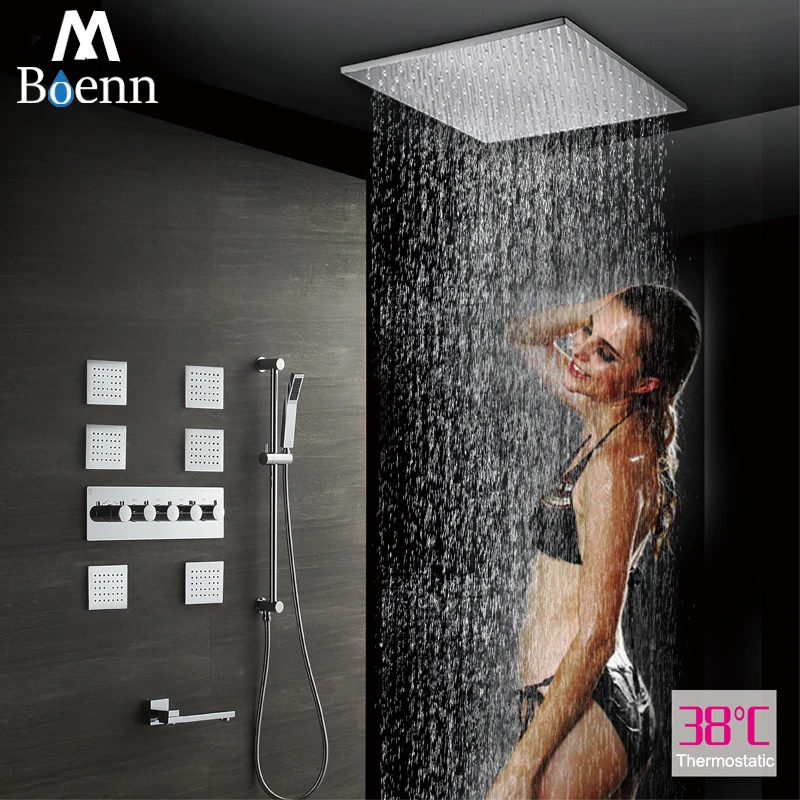 20 Inch Bathroom Rainfall Shower Head 304SUS Thermostatic Faucet Ceiling Mounted Showerheads Massage Spray Jet With Slide Bar 20 Inch Bathroom Rainfall Shower Head 304SUS Thermostatic Faucet Ceiling Mounted Showerheads Massage Spray Jet With Slide Bar
