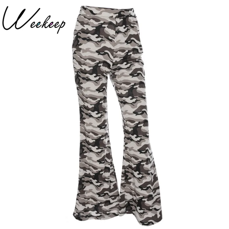 Weekeep Women Camouflage High Waist Flare Pants Elastic Cotton