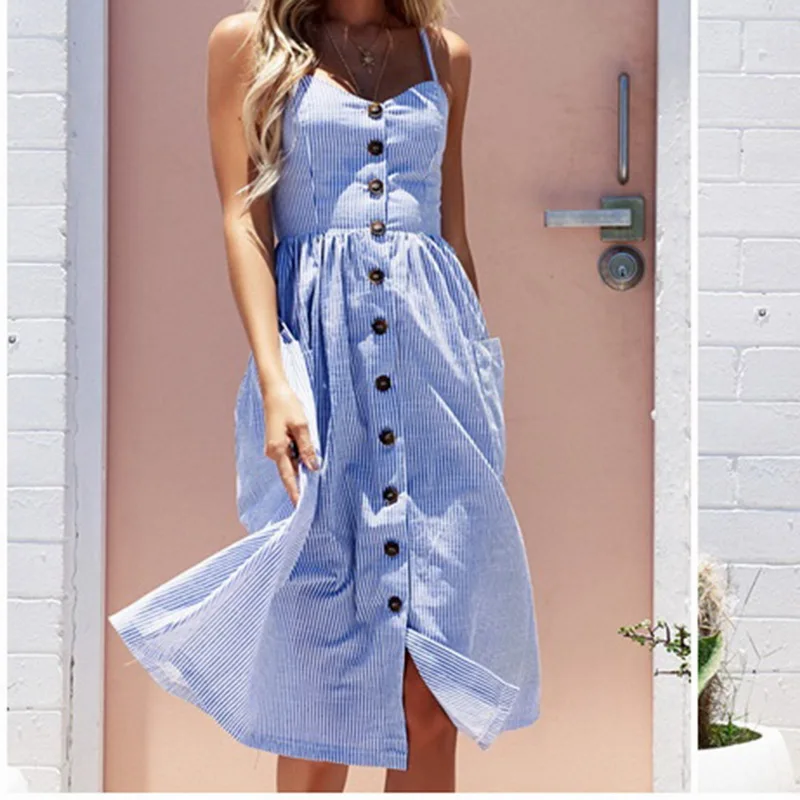 2019 Summer Striped Beach Dress With Pocket Women Strap Long Swim Dress Brand Swimsuit Sleeveless Vestidos Female Loose Sundress