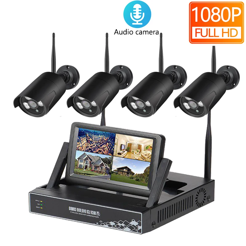 HD 1080P 4CH Беспроводной NVR CCTV Системы 2MP открытый аудио Запись Wi-Fi IP Камера камера наружного видеонаблюдения Kit 7 дюймов ЖК-дисплей