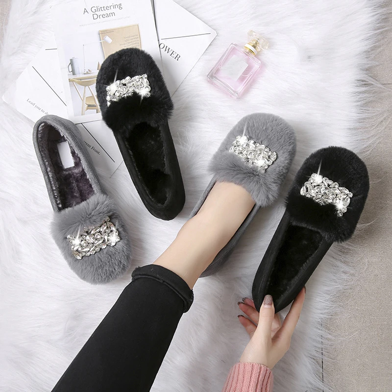 

women winter shoes cozy slip on loafers female crystal decorate fur flats sweet bow snow shoes ladies ballet flats mules shoes
