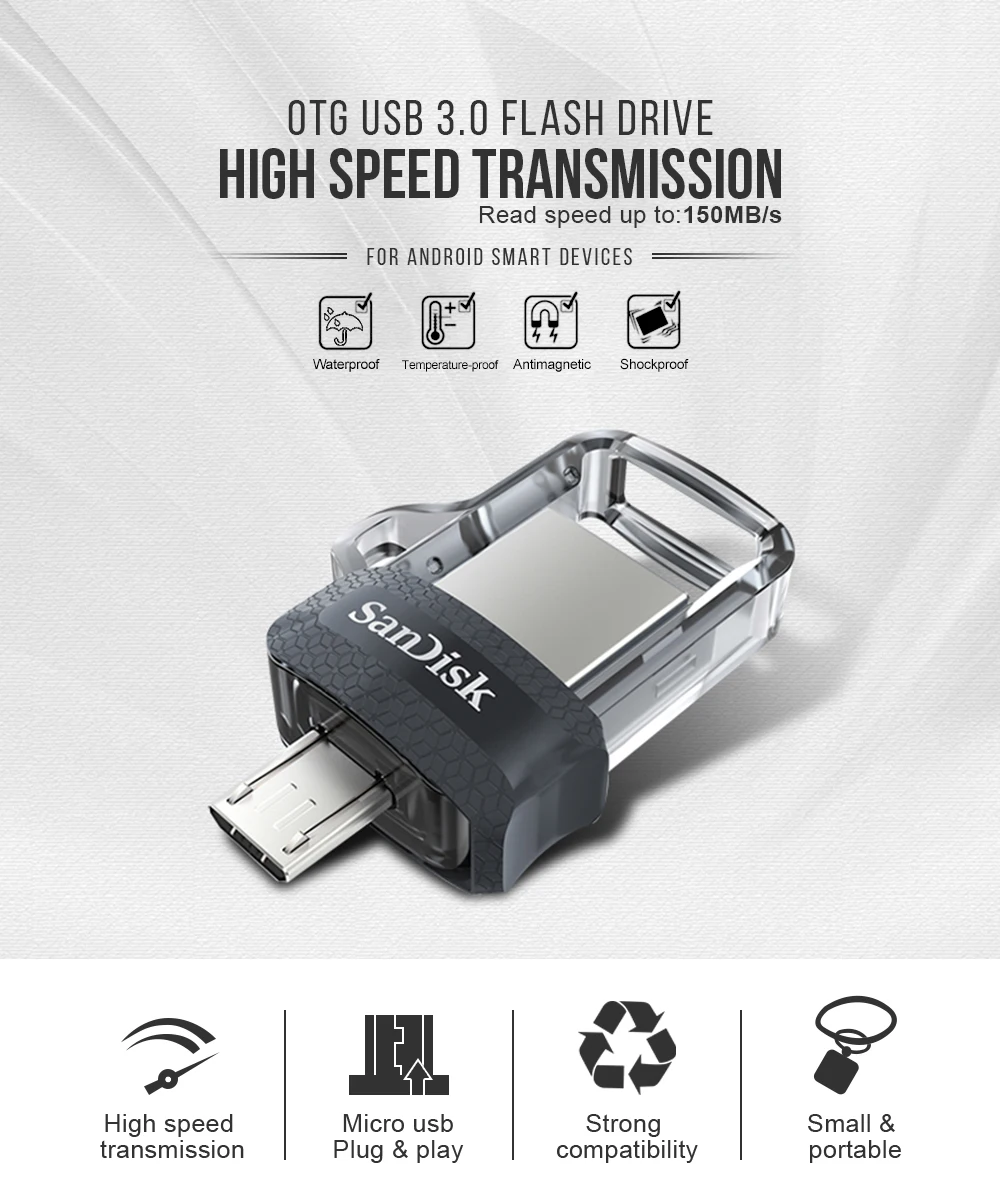 Горячая SanDisk 2 в 1 OTG USB флэш-накопитель 32 Гб 16 Гб USB 3,0 двойной мини-накопитель 64 Гб флешки для ПК и Android