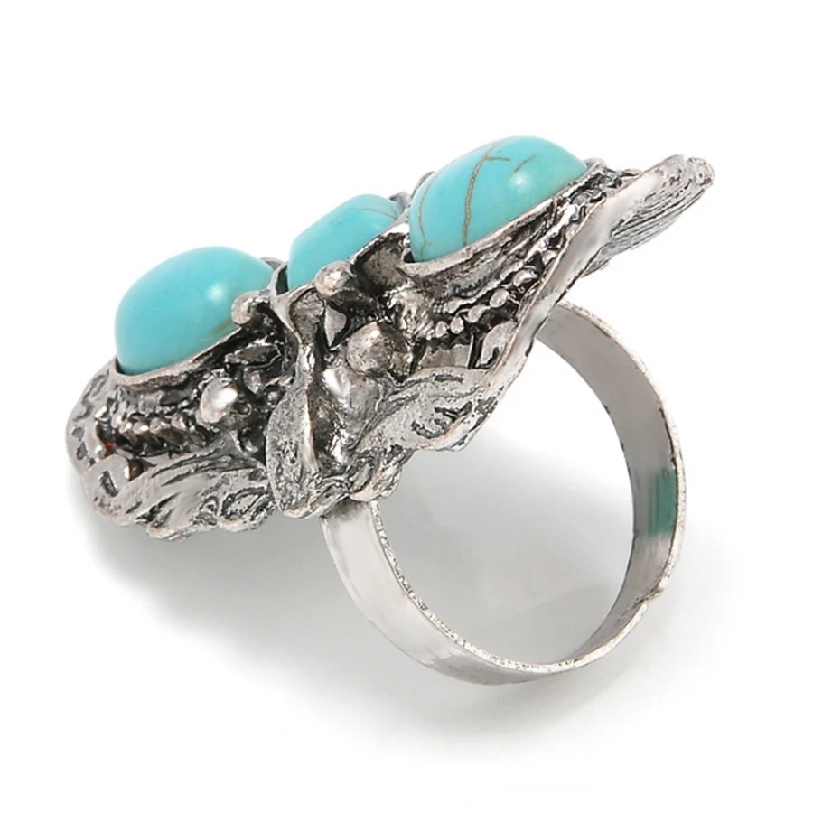 SHEEGIOR Vintage Turquoises Long Rings for Women Bague Femme Boho Ethnic Retro Silver Big Ring Men's Fashion Jewelry Accessories