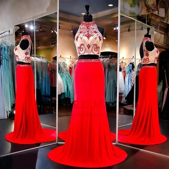 

Robe de bal longue 2019 new high neck beaded sexy mermaid red 2 piece prom dresses real photo high quality dress for graduation