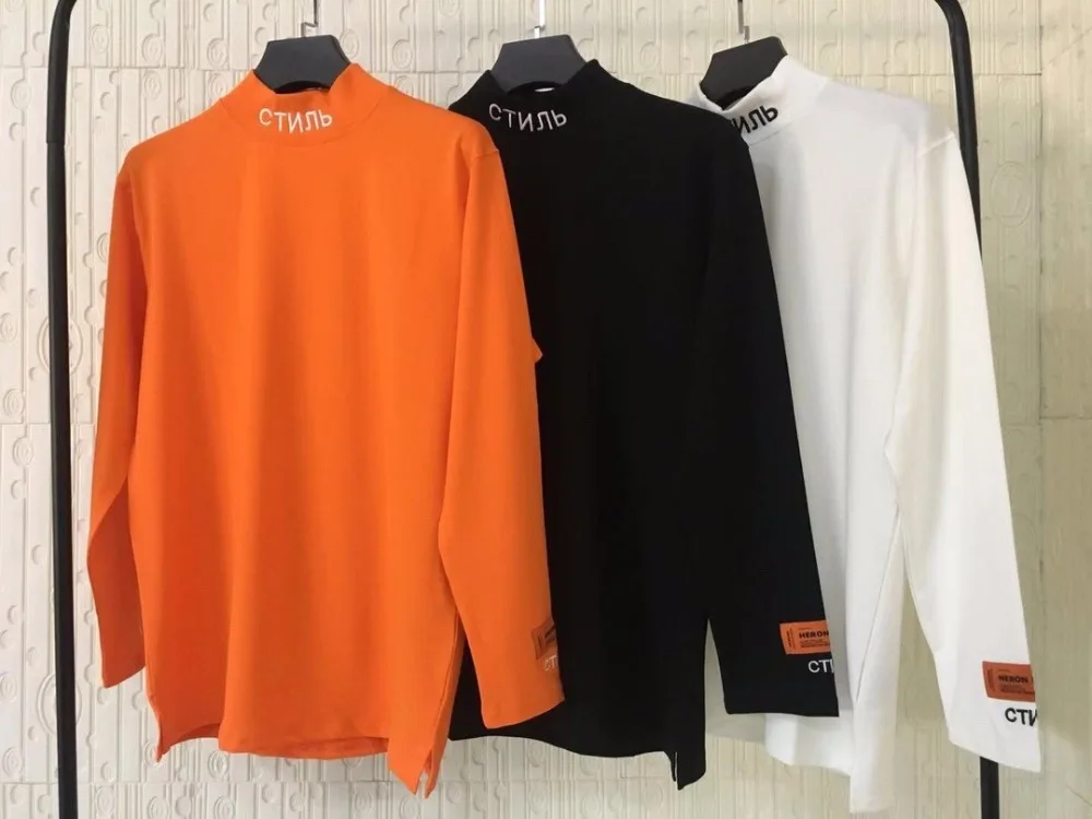 

2019 HERON PRESTON Embroidery Women Men Turtleneck Long Sleeve T shirts tees Hiphop Streetwear Men Cotton T shirt HP Brand