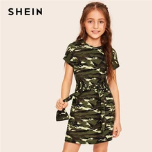 SHEIN Kiddie резинки для девочек, приталенная камуфляжная Повседневная футболка, платье, детская одежда, летние короткие платья с короткими рукавами для детей
