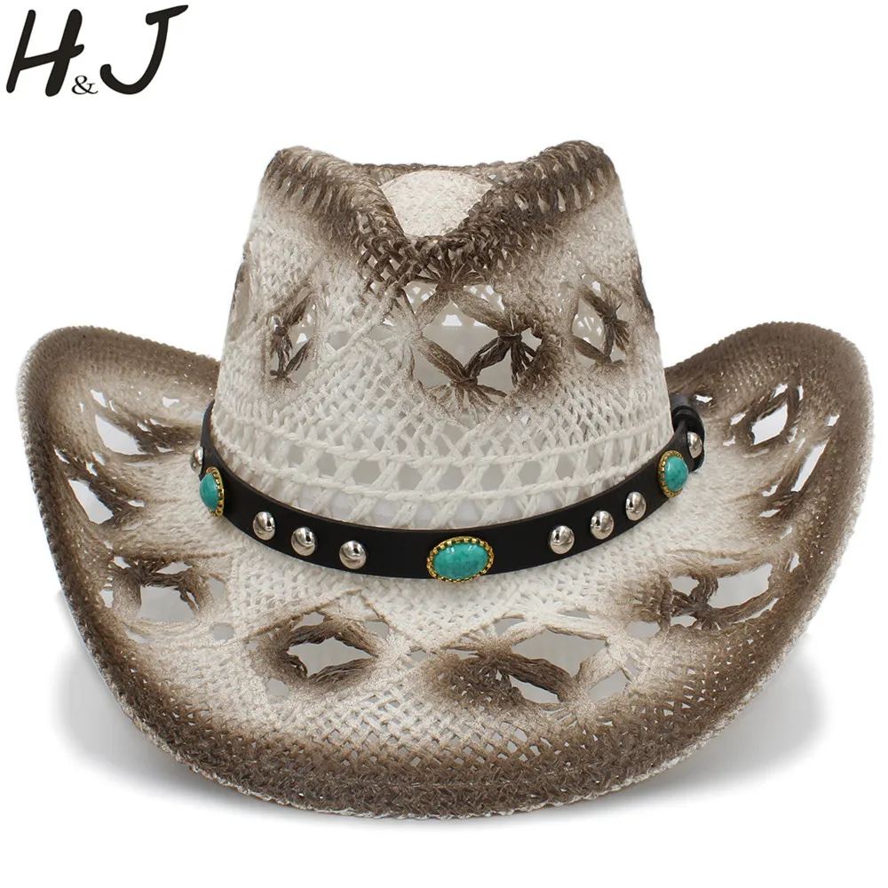 Women Men Western Sun Hat With 2019 Leather Punk Band Handmade Weave