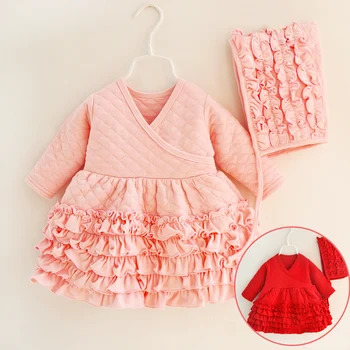 

2018 New Spring Baby Girl Cotton Ruffles Dress with Cap Red Pink Princess Layered Dresses Set Infant Girls Clothes Born Gift 3m