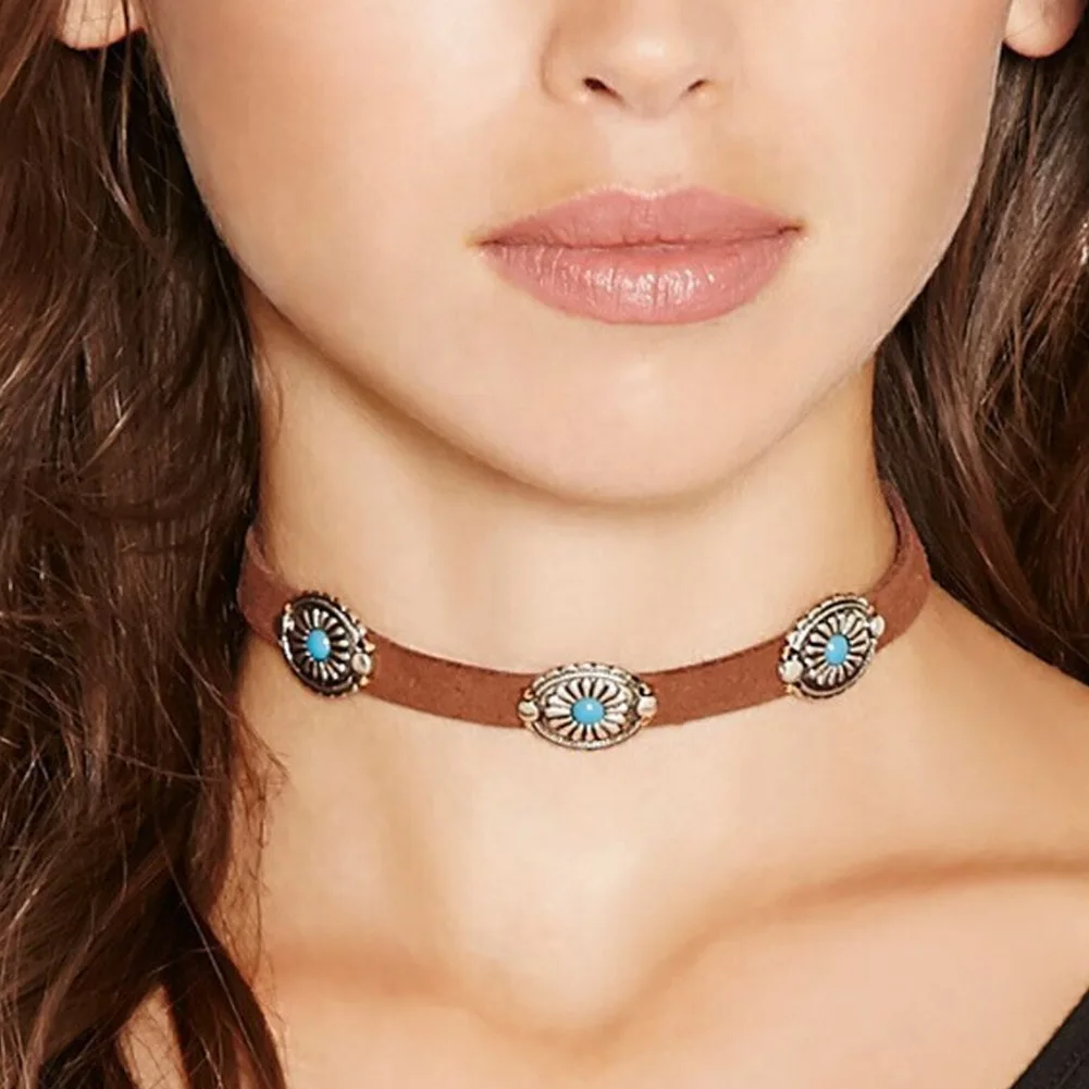 Ethnic Vintage Leather Choker Necklace Women Bohemian Chokers Necklace
