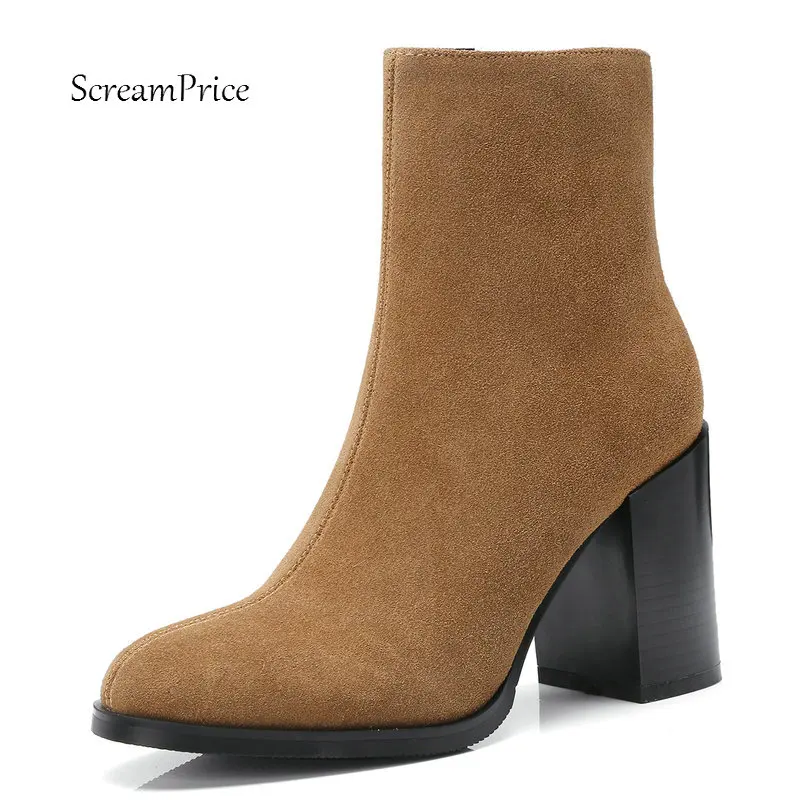 

Ladies Suede Square Heel Ankle Boots Fashion Zipper Round Toe Fall Winter Bootie Black Brown