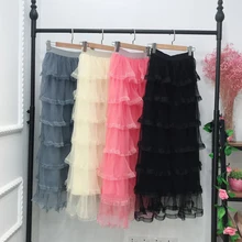 Летняя плиссированная юбка-торт с высокой талией Faldas Mujer Moda, повседневные юбки в Корейском стиле с сеткой, Женская длинная юбка-макси из тюля Jupe Femme