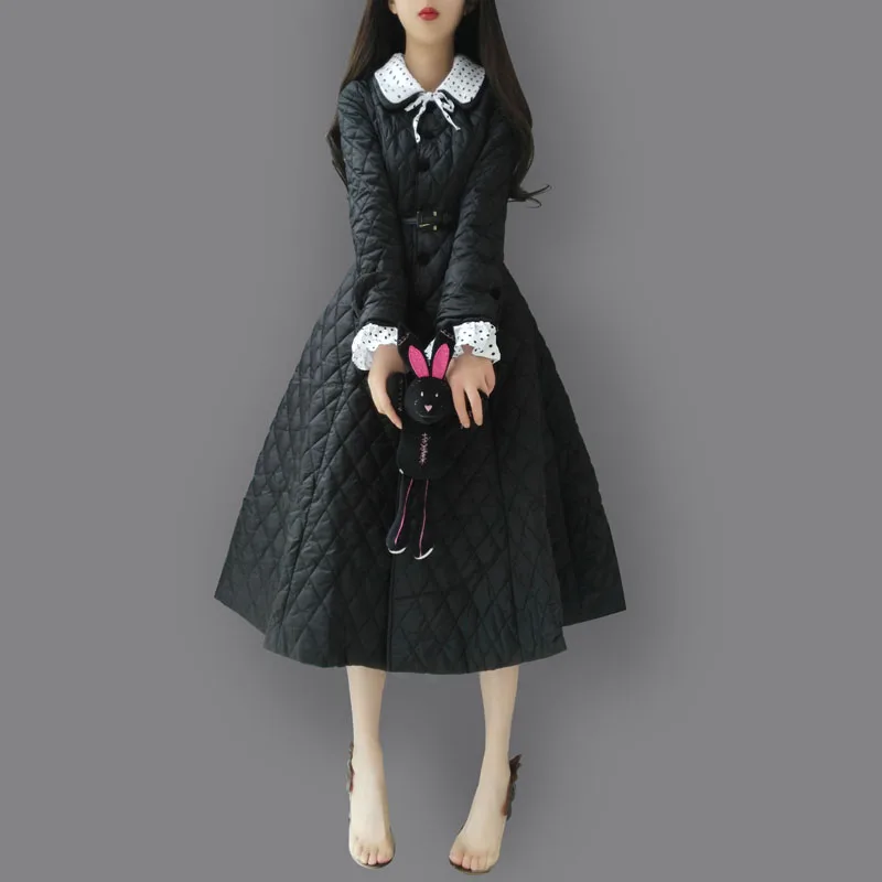 

women vintage 50s black quilting polka dot peter pan collar long swing coats plus size 4xl trench coat abrigos mujer casaco