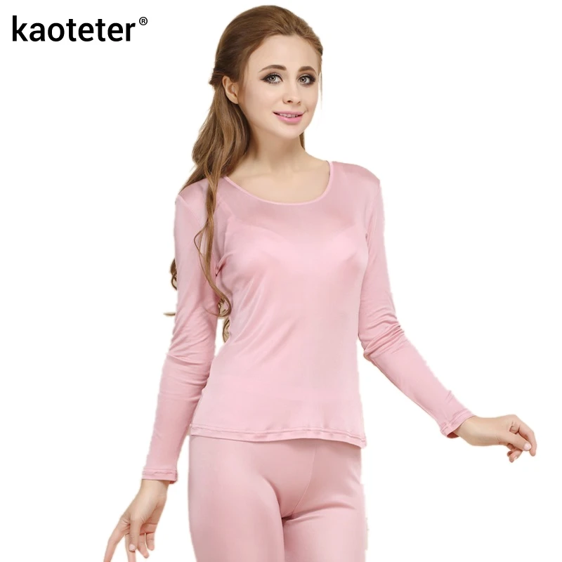 

100% Real Silk Women's Long Johns Set Ladies Warm Clothing Femme Thermal Underwear Sets Female Body Suits Women Long Johns