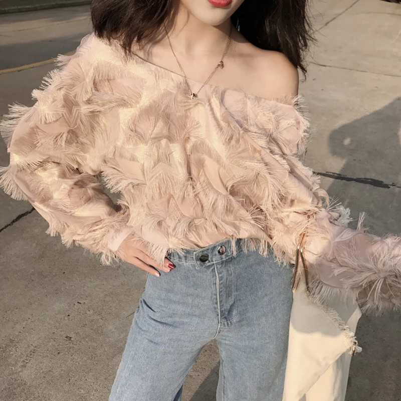 

Missoov moda feminina designer brand spring autumn blouses fashion women tops sexy slash neck feathers shirts vetement femme new
