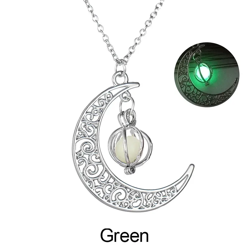 Ночной светильник ожерелье из бисера полумесяц светящийся камень подвеска с драгоценным камнем ювелирные изделия светящееся темное ожерелье подарок на Рождество, Хэллоуин новинка - Окраска металла: Green