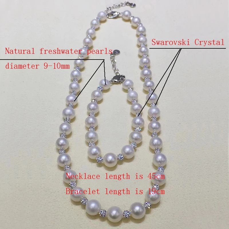 Fashion crystal freshwater pearls strands necklace bracelet fine jewewlry set for women Mom high luster pearl 9-10mm diameter (1)