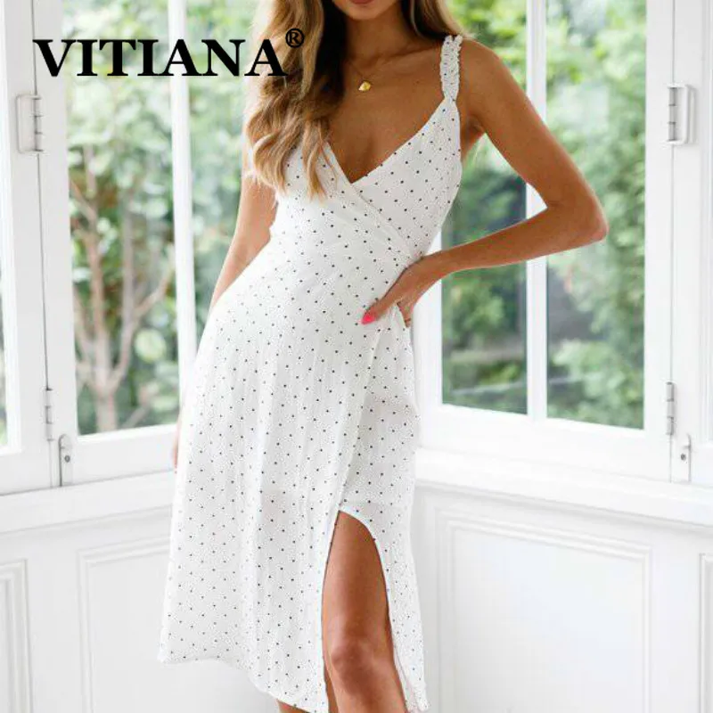 VITIANA Women White Beach Party Dress Summer 2019 Female Dot Print Strapless Spaghetti Strap Lace Up Sexy Dresses Vestidos VITIANA Women White Beach Party Dress Summer 2019 Female Dot Print Strapless Spaghetti Strap Lace Up Sexy Dresses Vestidos