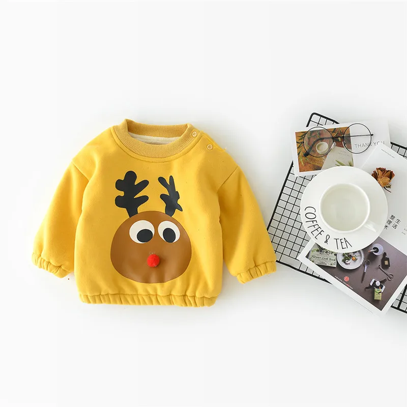 

Winter Long Sleeve Cartoon Casua Baby T-shirt Cotton Plus Fleece Round Neck Pullover Kids Tops 0-24Months Baby Tees Clothing