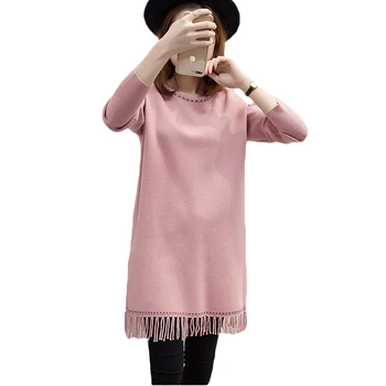 

New Women Knitted Dress Scoop Neck Casual Straight Party Dresses With Tassel Long Sleeve Ladis Boho Bohemia Dress Vestidos XH635