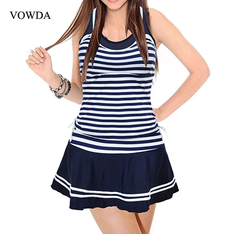 Новинка размера плюс, Женская Спортивная одежда для плавания, танкини в полоску, два предмета, винтажные купальные костюмы для женщин, купальный костюм, платье для плавания, размеры от M до 4XL