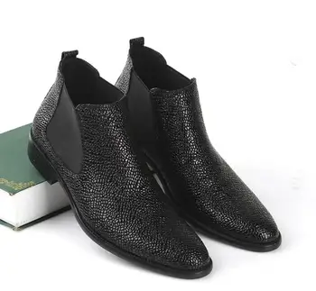 

Genuine leather men's boots slip on pointed toes high top casual shoes elastic band black dress med heel black ankle boots