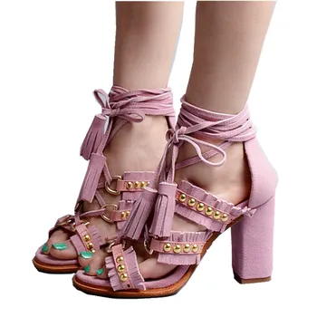 

Women Gladiator High Heels Sandals Charm Ankle Strap Formal Dress Pumps Fringe Studded Summer Sandalias Mujer 2018 Stilettos