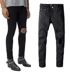 Лучшая версия обтягивающие мужские рваные джинсы хип-хоп разрушенные мужские стрейч рваные джинсы джинсовые брюки