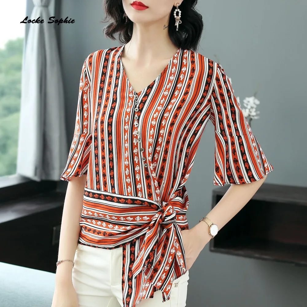 1pcs Ladies Plus size blouses tops 2019 Spring Fashion chiffon prints Mosaic V-neck Primer shirt women's Skinny Retro shirts |