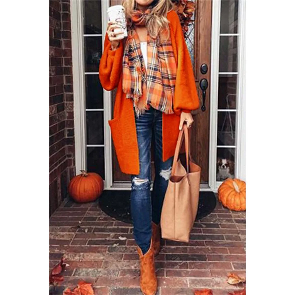 

2019 autumn Europe style new arrival solid chic female sweater computer knitted V-Neck cardigans pockets one size sweaters