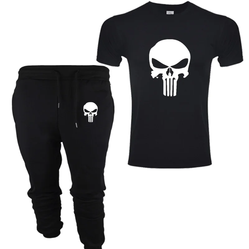 

Super hero punisher Summer Hot Sale Men's Sets T Shirts+pants Two Pieces Sets Casual Tracksuit Mens 2019 Casual Shirt