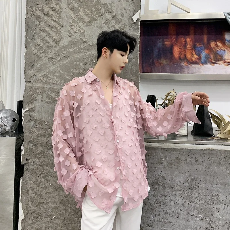 الرجال فضفاضة طويلة الأكمام رقيقة شفافة مثير عارضة قمصان الذكور المرأة عشاق الشارع الشهير الهيب هوب الوردي حزب اللباس قمصان