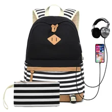 Большой Вместительный холщовый женский рюкзак для девочек-подростков/мальчиков полосатый Повседневный школьный рюкзак USB с наушниками Рюкзак Mochila