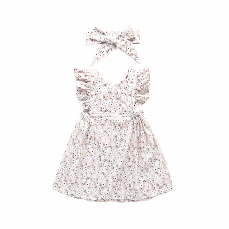 Toddler Baby Girls Vintage Ruffles Floral Dresses with Knot Headband Kids Summer Fly Sleeve Princess Dress Children Sundress (5)