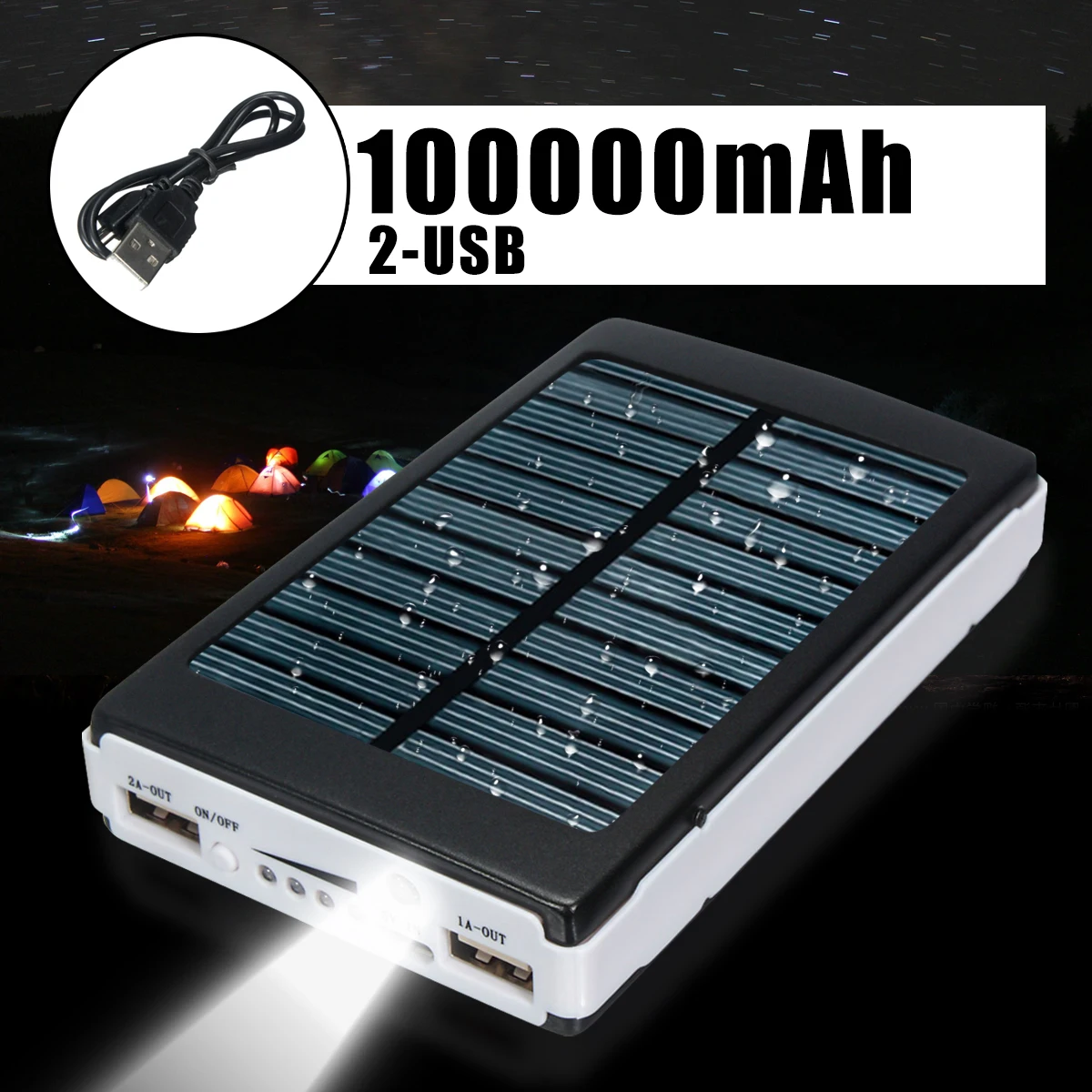 Внешний монокристаллический аккумулятор 10000 мАч с двумя USB панелями солнечной