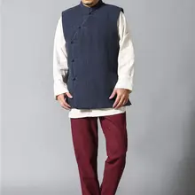 Китайский стиль vintage чистого белья Жилет Осень Зима Мягкий Хлопок Жилет Однобортный Рукавов Пальто Мужчины colete 72303