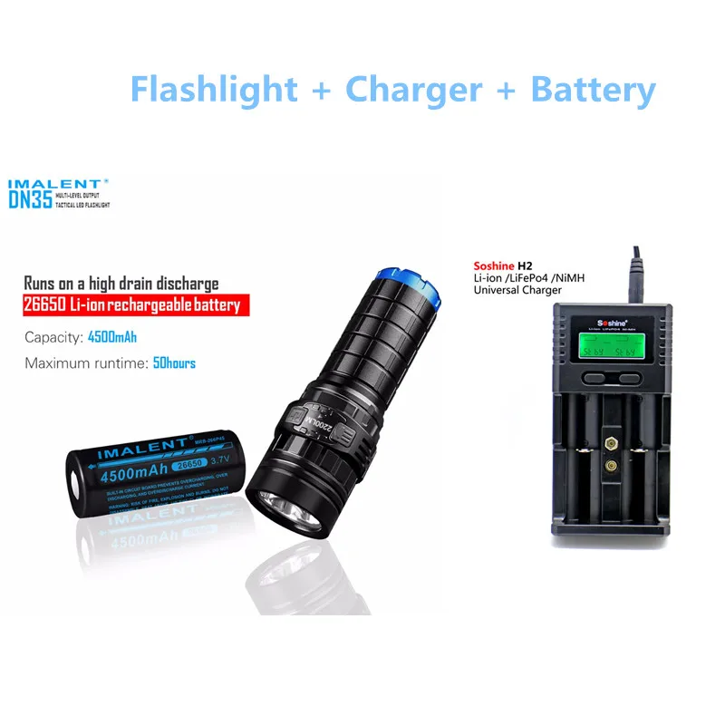 

IMALENT DN35 Torch Flashlight 2200LM Cree XHP35 HI LED Flashlight with 4500mAh 26650 battery + Soshine H2 Charger