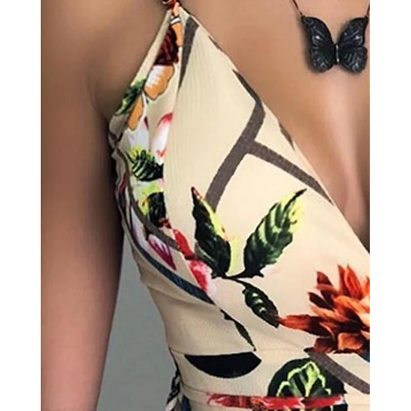 السباغيتي حزام الأزهار طباعة رومبير V الرقبة أكمام بذلة السراويل عالية الخصر ارتداءها مثير بذلة للنساء 2019 Veralls