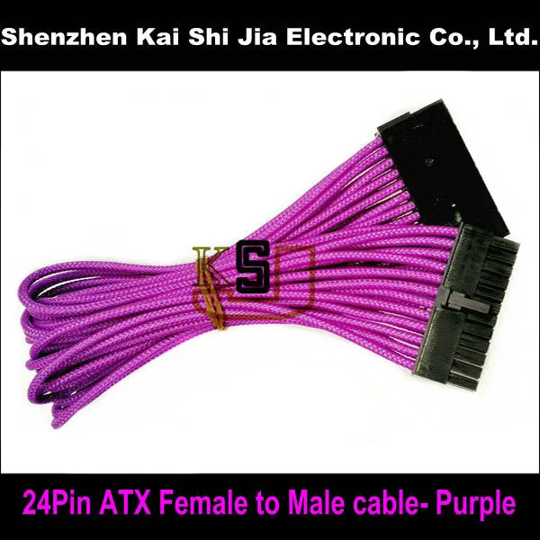 Free shipping 12" Purple Single Sleeved 24 Pin ATX Female to 24Pin PSU