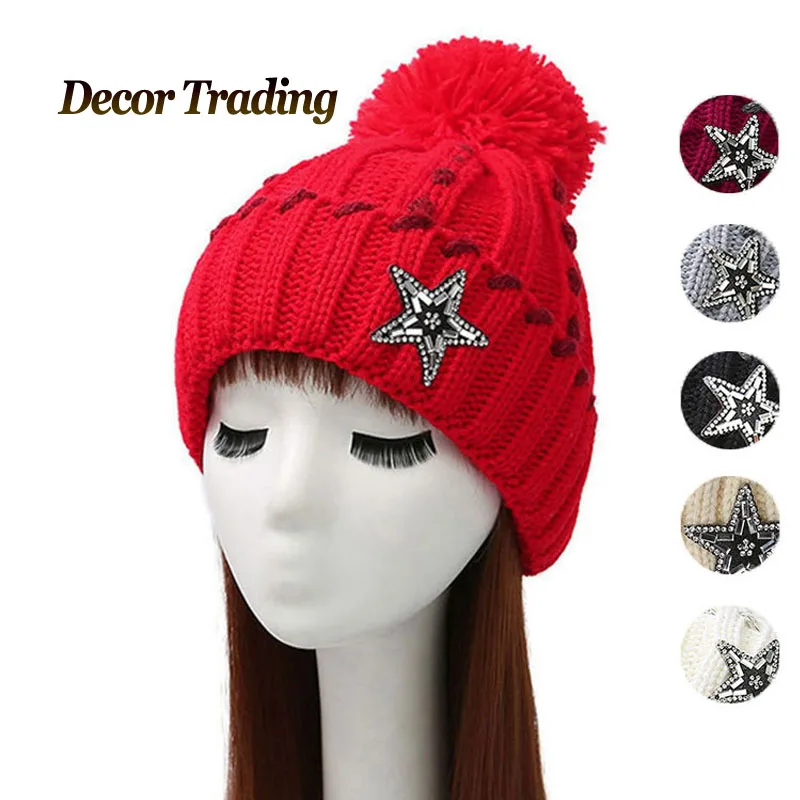 

2016 new autumn winter star pattern women beanies knitted hat Plus Velvet warm gorro cap
