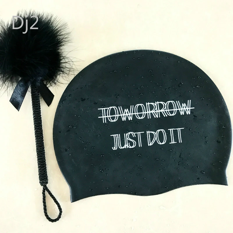 

Adult male and female hair waterproof silicone professional ear cap 3D printing black cute girl swimming cap bone pool