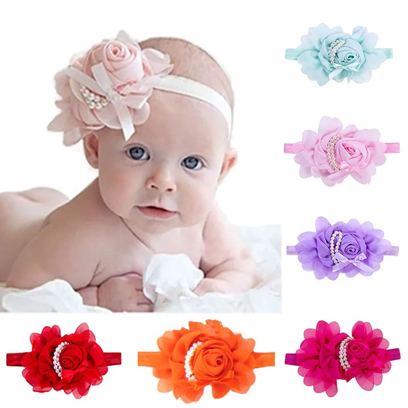 Baby Hair Accessories Girl Headbands Rose Flower Pearls Elastic