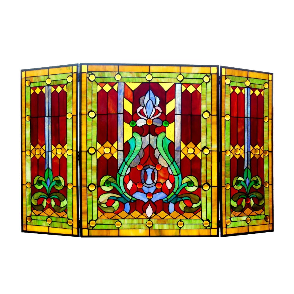 CH1F323RV44-GFS CHLOE Lighting Tiffany-glass 3pcs Folding Victorian Fireplace Screen 44 Wide