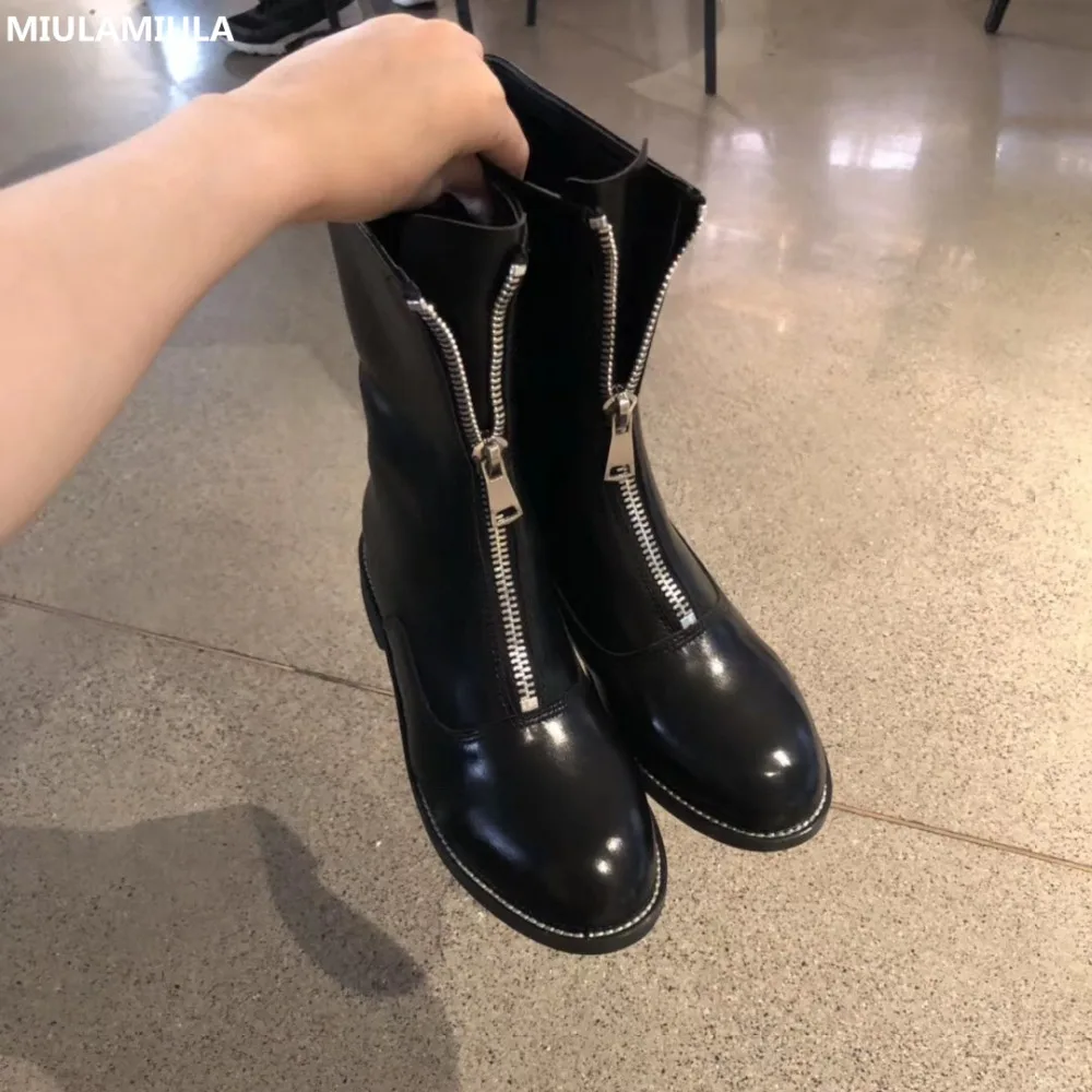 

MIULAMIULA Brand Designers 2018 New Fashion Black White High Quality Genuine Leather Woman Short Boots Zipper Med Heels Shoes