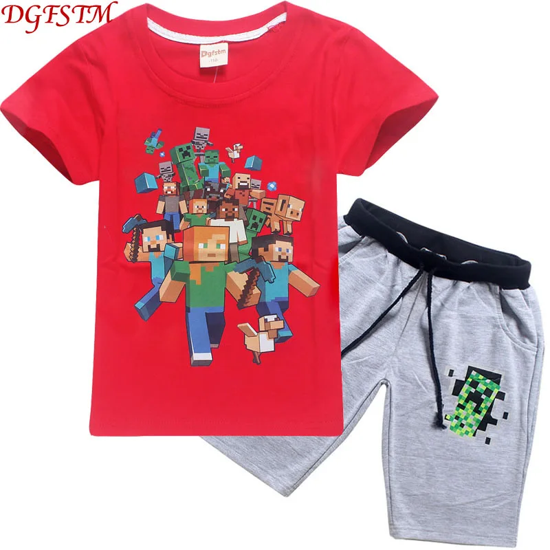 

2018 New summer Minecraft cartoon children clothing 100% cotton t shirt short sleeve Tops shorts 2pcs casual printing kids set