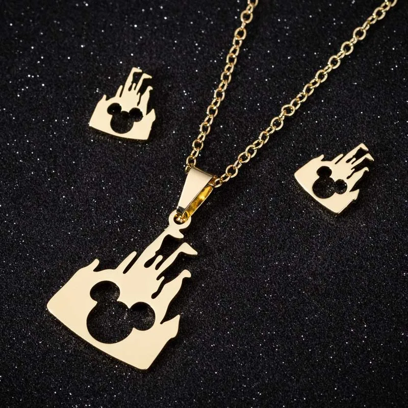 

Oly2u Cartoon Paradise Castle Mickey Necklaces Pendants Stainless Steel Set for Children Animal Earrings Jewelry Set collares