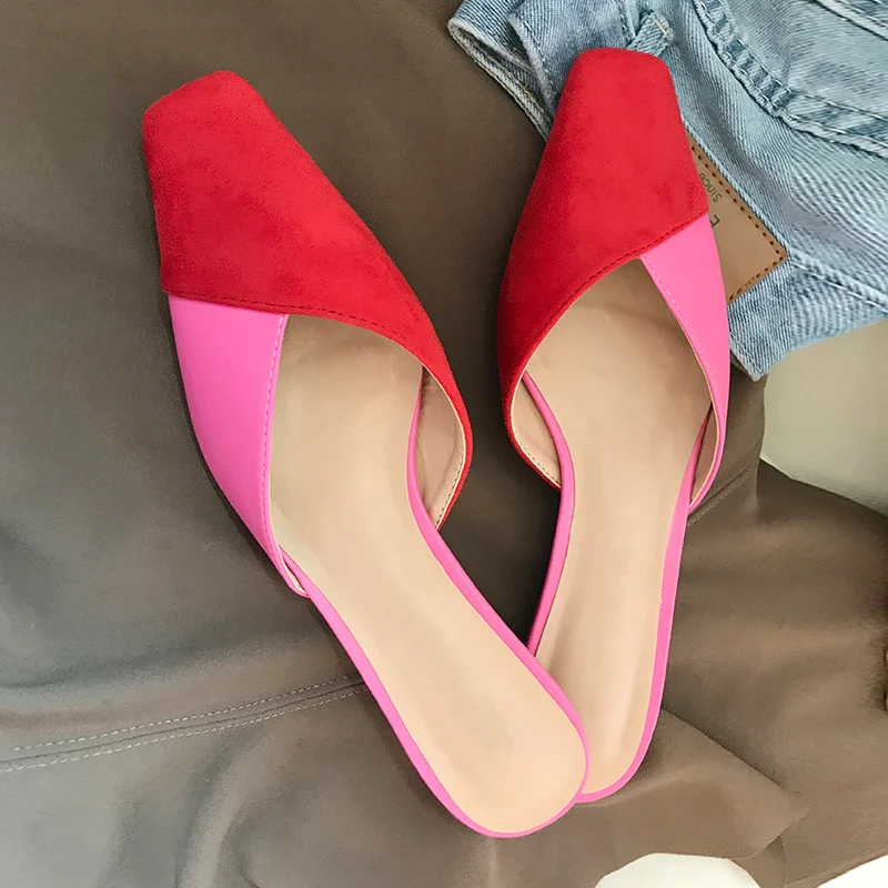 

Designers Double Color Patchwork Slippers Women Chic Square Toe Low Kitten Heels Ladies Shoes Slingbacks Slip On Female Mules